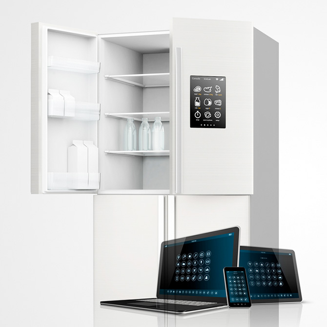 ブラシレスDCモータが使われる冷蔵庫などの家電製品、パソコンやサーバのイメージ