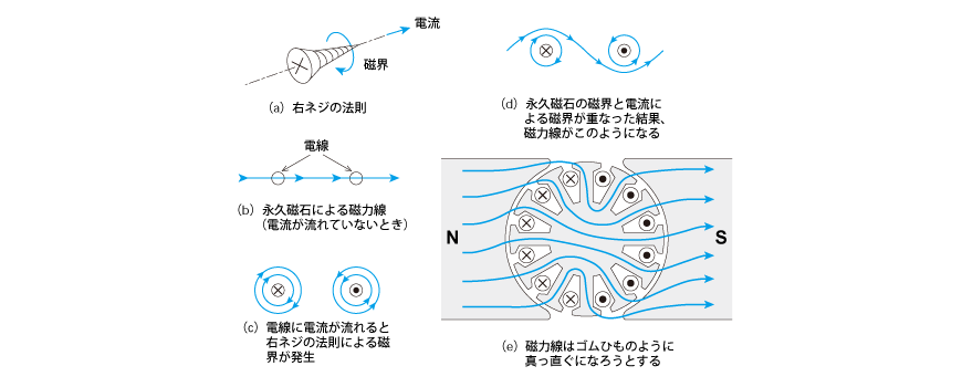 電流と磁界に関する右ねじの法則を用いた説明